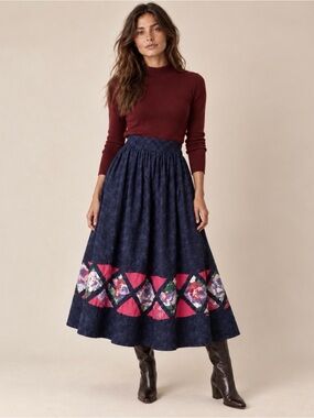 Vintage Vicki Lynn Bardon Suttles & Seawinds Navy Floral Patchwork Midi Skirt M